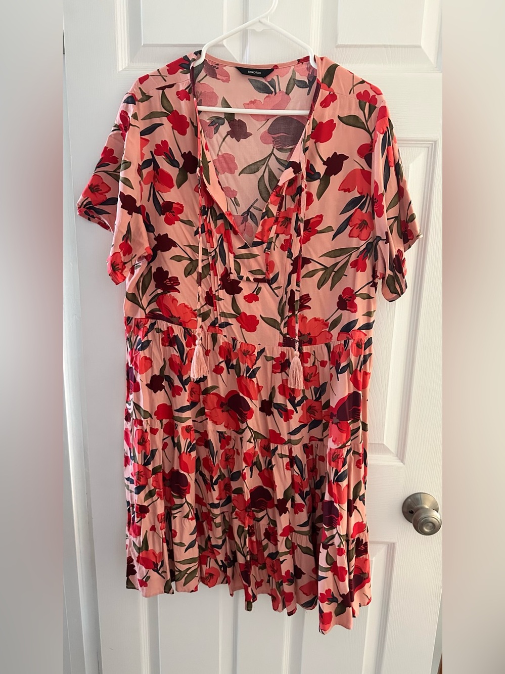 Floral V-Neck Tiered Summer Dress - Pink & Red